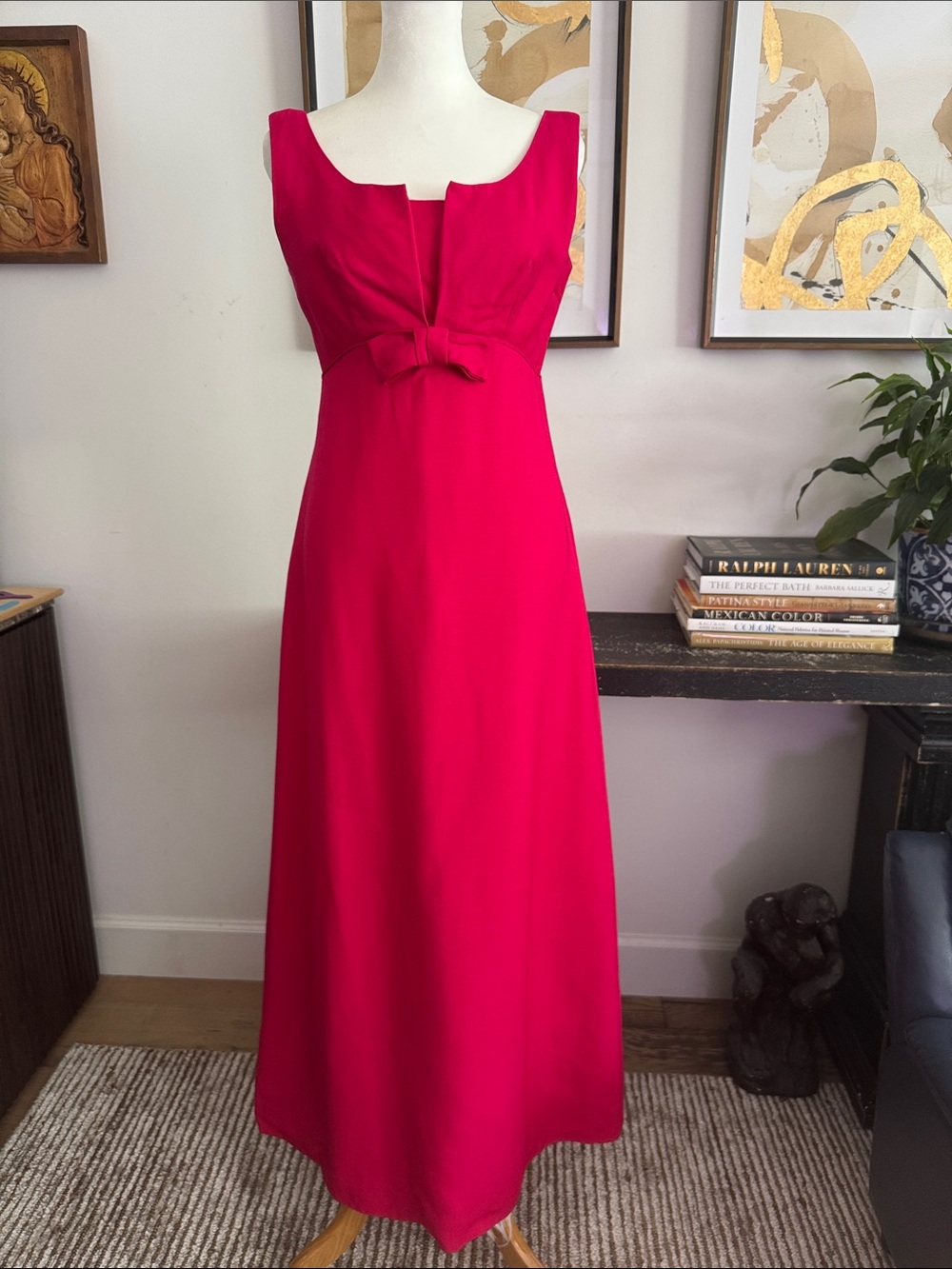 Emma Domb 1960 hot pink fuchsia magenta sleeveless dress bow at front empire wai